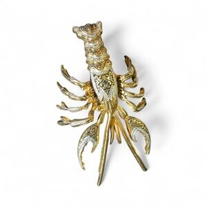 Damascene Vintage Lobster Brooch Pin Gold and Silver Toned Metal